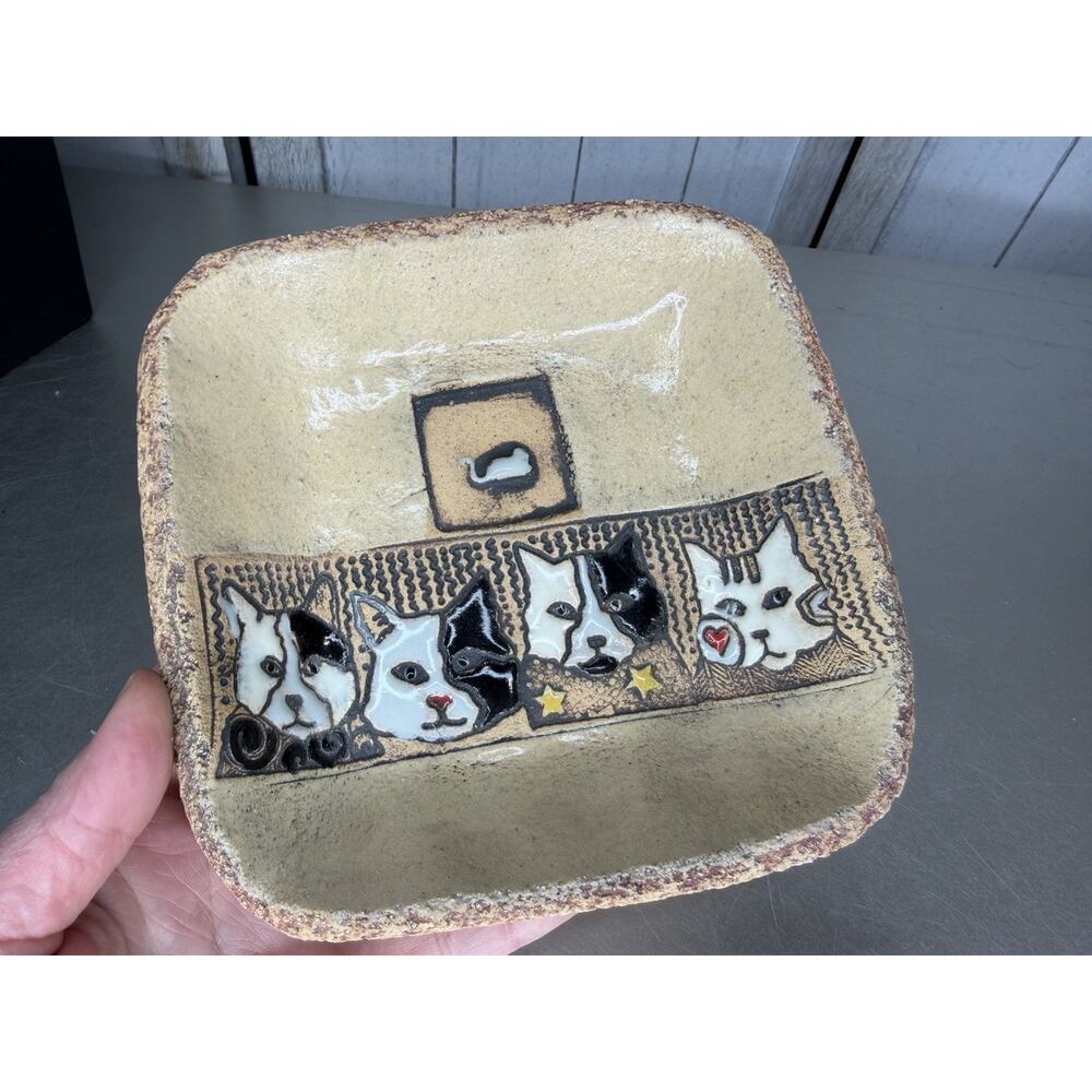 Vintage Art Trinket Plate Bowl Kitty Cat Stoneware Dish Unique Floral OOAK